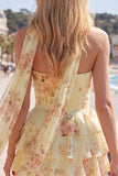 Yellow Strapless Tiered Floral A-Line Ruffle Short Homecoming Dress