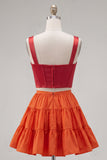 Pink Fuchsia A-Line Corset 2 Piece Thick Straps Short Homecoming Dress with Ruffles