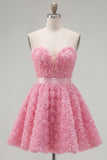 Sweetheart Pink A-Line 3D Floral Short Homecoming Dress with Lace Up Back