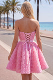 Sweetheart Pink A-Line 3D Floral Short Homecoming Dress with Lace Up Back