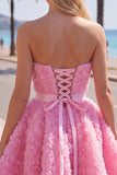 Sweetheart Pink A-Line 3D Floral Short Homecoming Dress with Lace Up Back