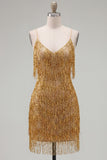 Golden Bodycon Spaghetti Straps Short Homecoming Dress with Fringes