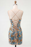 Blue Flower Bodycon Corset Sequins Lace Up Back Spaghetti Straps Short Homecoming Dress
