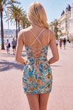 Blue Flower Bodycon Corset Sequins Lace Up Back Spaghetti Straps Short Homecoming Dress