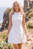 White A-Line High Neck Short Elopement Wedding Dress with 3D Flower
