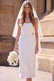 White Sheath Square Neck Cut Out Maxi Elopement Wedding Dress with 3D Flower