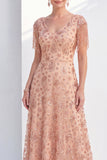 Dusty Rose A-Line V-Neck Beaded Mother Of the Bride Dress with Fringes