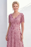 Dusty Rose A-Line V-Neck Beaded Mother Of the Bride Dress with Fringes