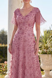 Dusty Rose A-Line V-Neck Beaded Mother Of the Bride Dress with Fringes