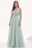 Chiffon Green A-Line Bateau Neck Floral Mother Of the Bride Dress with Long Sleeves