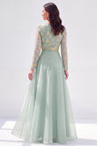 Chiffon Green A-Line Bateau Neck Floral Mother Of the Bride Dress with Long Sleeves