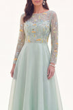 Chiffon Green A-Line Bateau Neck Floral Mother Of the Bride Dress with Long Sleeves