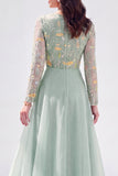 Chiffon Green A-Line Bateau Neck Floral Mother Of the Bride Dress with Long Sleeves