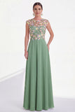 Green Floral A-Line Round Neck Appliqued Long Mother of the Bride Dress with Cap Sleeves