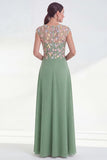 Green Floral A-Line Round Neck Appliqued Long Mother of the Bride Dress with Cap Sleeves