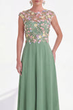 Green Floral A-Line Round Neck Appliqued Long Mother of the Bride Dress with Cap Sleeves