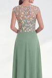 Green Floral A-Line Round Neck Appliqued Long Mother of the Bride Dress with Cap Sleeves