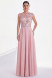 Green Floral A-Line Round Neck Appliqued Long Mother of the Bride Dress with Cap Sleeves