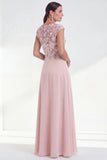 Green Floral A-Line Round Neck Appliqued Long Mother of the Bride Dress with Cap Sleeves