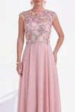 Green Floral A-Line Round Neck Appliqued Long Mother of the Bride Dress with Cap Sleeves