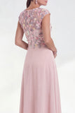 Green Floral A-Line Round Neck Appliqued Long Mother of the Bride Dress with Cap Sleeves