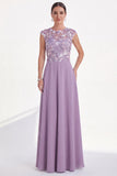 Green Floral A-Line Round Neck Appliqued Long Mother of the Bride Dress with Cap Sleeves