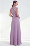 Green Floral A-Line Round Neck Appliqued Long Mother of the Bride Dress with Cap Sleeves