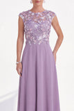 Green Floral A-Line Round Neck Appliqued Long Mother of the Bride Dress with Cap Sleeves