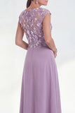 Green Floral A-Line Round Neck Appliqued Long Mother of the Bride Dress with Cap Sleeves
