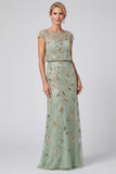 Green Floral Mermaid Sequins Round Neck Long Mother of the Bride Dress with Cap Sleeves