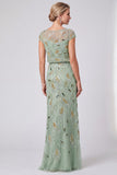 Green Floral Mermaid Sequins Round Neck Long Mother of the Bride Dress with Cap Sleeves