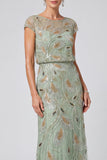Green Floral Mermaid Sequins Round Neck Long Mother of the Bride Dress with Cap Sleeves