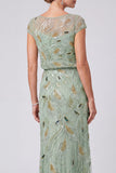 Green Floral Mermaid Sequins Round Neck Long Mother of the Bride Dress with Cap Sleeves
