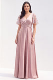 Grey Pink Satin V-Neck A-Line Floral Long Mother of the Bride Dress with Short Sleeves