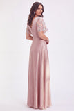 Grey Pink Satin V-Neck A-Line Floral Long Mother of the Bride Dress with Short Sleeves