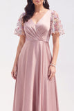 Grey Pink Satin V-Neck A-Line Floral Long Mother of the Bride Dress with Short Sleeves