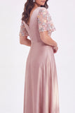 Grey Pink Satin V-Neck A-Line Floral Long Mother of the Bride Dress with Short Sleeves