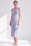 Blue Floral Bodycon Round Neck Appliqued Midi Mother of the Bride Dress with Slit