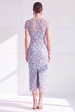 Blue Floral Bodycon Round Neck Appliqued Midi Mother of the Bride Dress with Slit