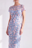 Blue Floral Bodycon Round Neck Appliqued Midi Mother of the Bride Dress with Slit