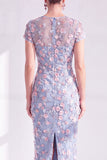 Blue Floral Bodycon Round Neck Appliqued Midi Mother of the Bride Dress with Slit
