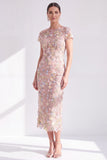 Blue Floral Bodycon Round Neck Appliqued Midi Mother of the Bride Dress with Slit