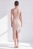 Blue Floral Bodycon Round Neck Appliqued Midi Mother of the Bride Dress with Slit