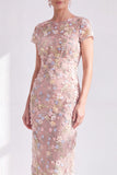 Blue Floral Bodycon Round Neck Appliqued Midi Mother of the Bride Dress with Slit