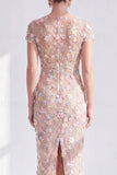 Blue Floral Bodycon Round Neck Appliqued Midi Mother of the Bride Dress with Slit