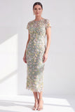 Blue Floral Bodycon Round Neck Appliqued Midi Mother of the Bride Dress with Slit