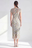 Blue Floral Bodycon Round Neck Appliqued Midi Mother of the Bride Dress with Slit