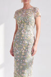Blue Floral Bodycon Round Neck Appliqued Midi Mother of the Bride Dress with Slit