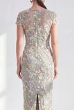 Blue Floral Bodycon Round Neck Appliqued Midi Mother of the Bride Dress with Slit