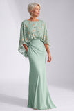 Green Mermaid Bateau Neck Sequins Floral Long Mother of the Bride Dress with Flare Sleeves